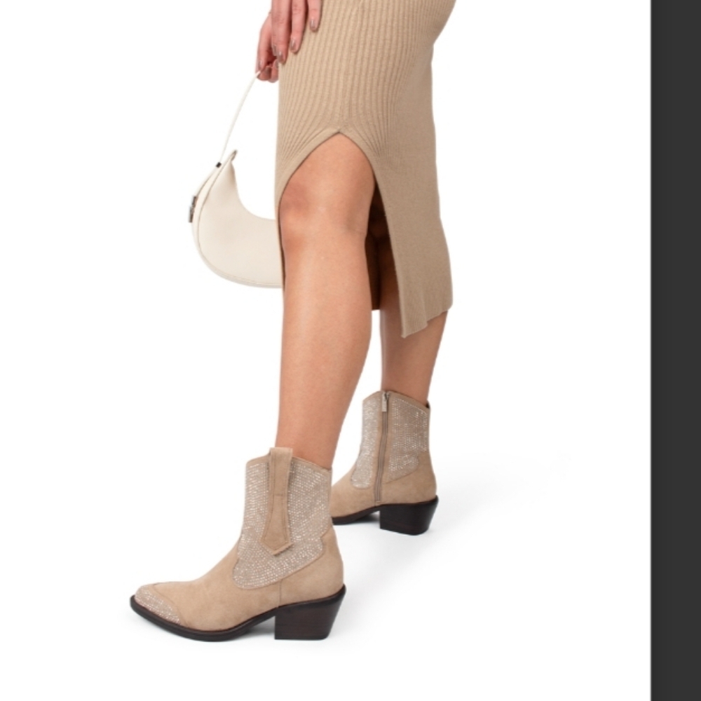 New Poelman Cappuccino Suede Western Rhinestone Boots